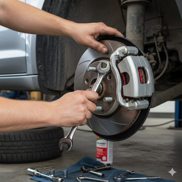Image of mechanic working on brakes
