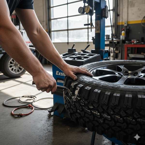 Image of mechanic working on a tire
